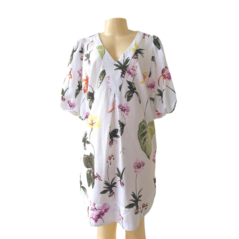 Joie Linen Blend Dress Womens Small White Tropical Floral V Neck Shift